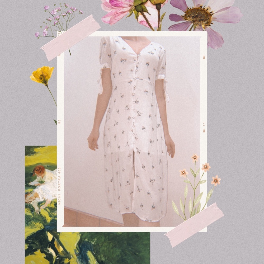 Urban Outfitters White Tie Sleeved Rose Bud Dress